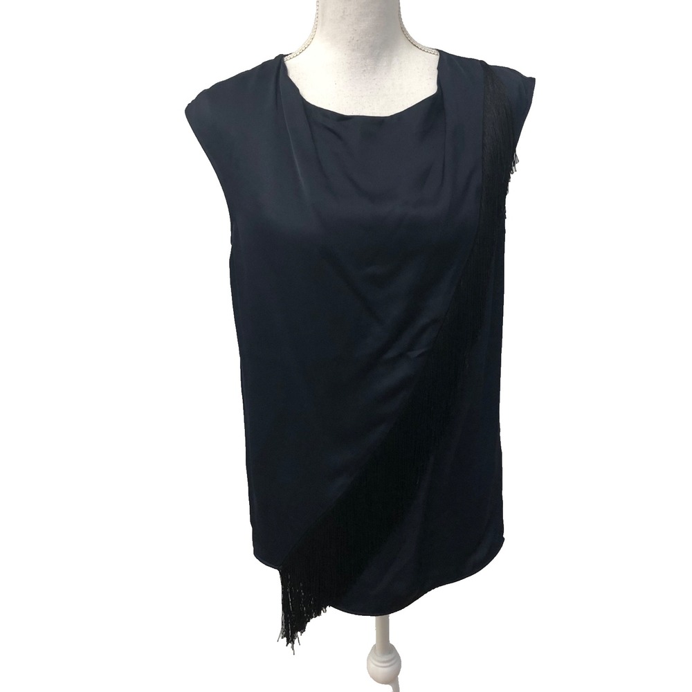 Belstaff Lana Fringe Top Womens Medium 42 Regency Blue Satin Sleeveless Blouse